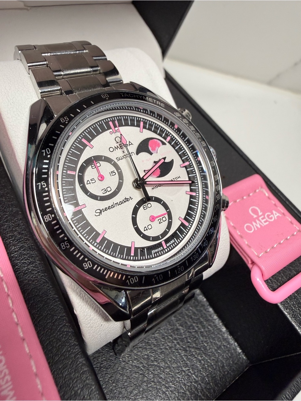 MoonSwatch MOD Mission to the PINK MOONPHASE on Stainless Steel